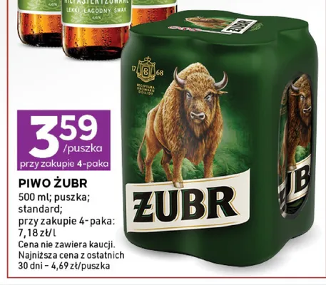 Piwo ŻUBR 4-pak puszka promocja w Stokrotka