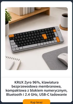 Klawiatura bezprzewodowa membranowa Krux Zyro 96% promocja w Amazon