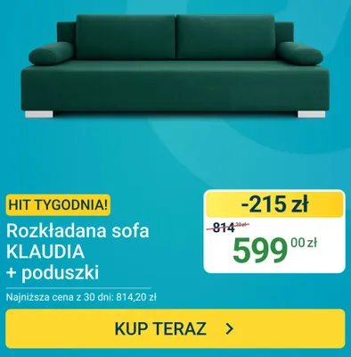 Rozkładana sofa KLAUDIA + poduszki ERLI promocja w ERLI