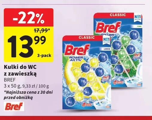 Kulki do WC z zawieszką Bref Power Aktiv Lemon 3-pak promocja w Intermarche