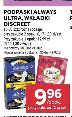 Podpaski Always Ultra, wkładki Discreet promocja w Stokrotka