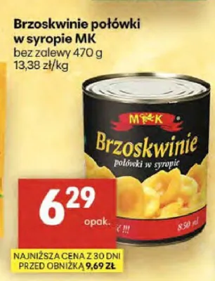 Brzoskwinie połówki w syropie MK promocja w Delikatesy Centrum