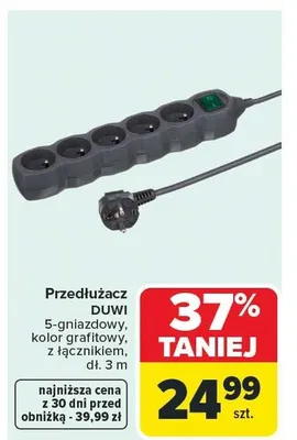 Przedłużacz 5-gniazdowy, kolor grafitowy, z łącznikiem dł. 3 m promocja w Carrefour