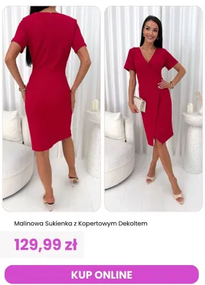 Sukienka malinowa z kopertowym dekoltem ModnaKiecka.pl promocja w Modna Kiecka