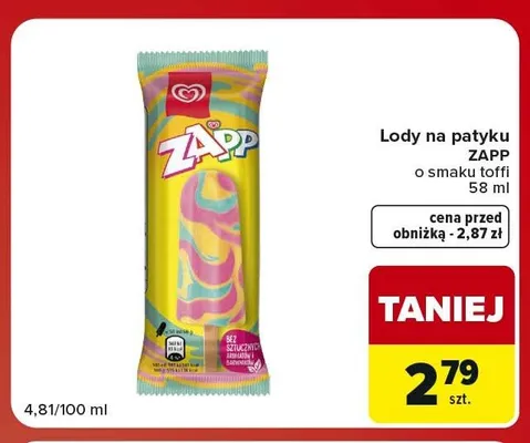 Lody na patyku Zapp o smaku toffi promocja w Carrefour Market