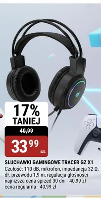 Słuchawki gamingowe TRACER GZ X1 Czułość: 110dB, mikrofon, impedancja 32 Ω, dł. przewodu 1,9m, regulacja głośności promocja w bi1