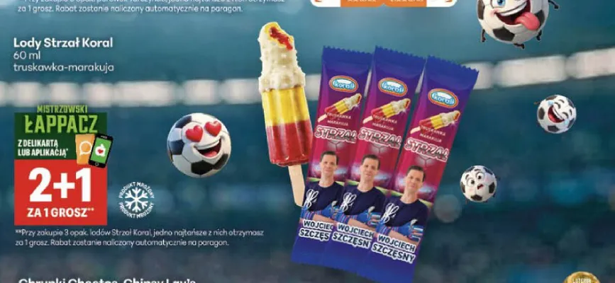 Lody truskawka-marakuja Strzał Koral promocja w Delikatesy Centrum