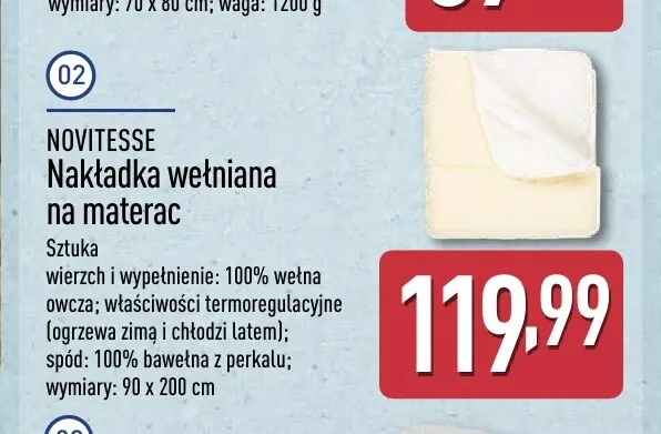Nakładka wełniana na materac Novitesse 90x200 cm promocja w Aldi