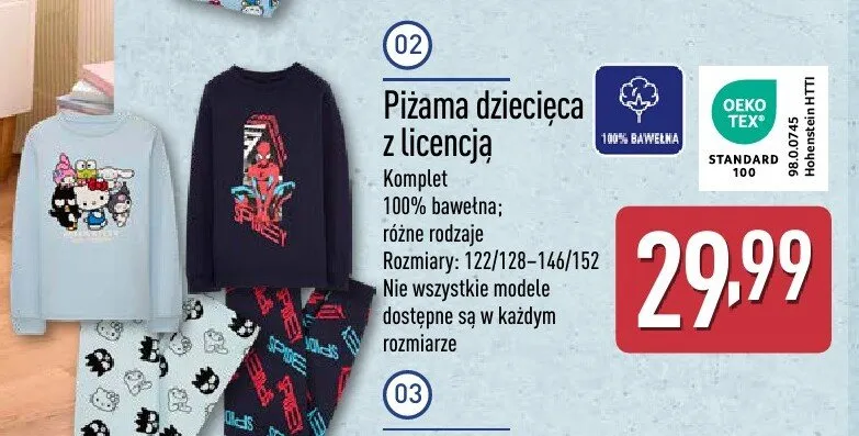 Piżama dziecięca Hello Kitty z licencją, komplet 100% bawełna, różne rodzaje, rozmiary 122/128-146/152 promocja w Aldi