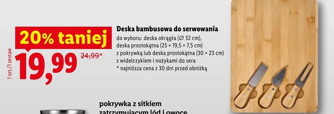Deska bambusowa do serwowania prostokątna 30x23cm z widelczykiem i nożykami do sera promocja w Lidl