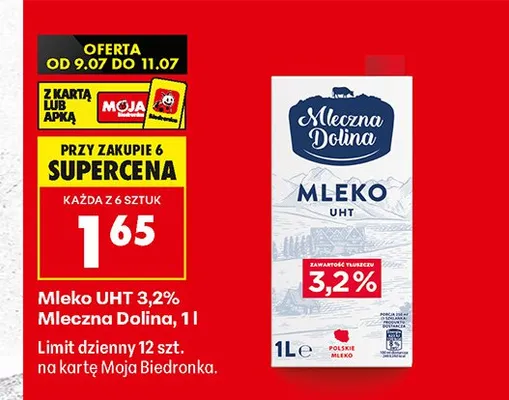 Mleko UHT 3,2% Mleczna Dolina promocja w Biedronka