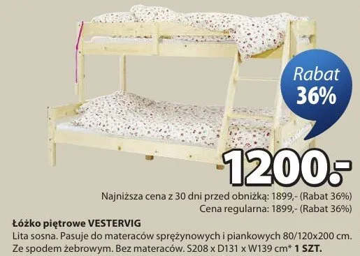 Łóżko piętrowe Vestervig lita sosna 80/120x200 cm ze spodem zabawowym S208 x D131 x W159 cm promocja w Jysk