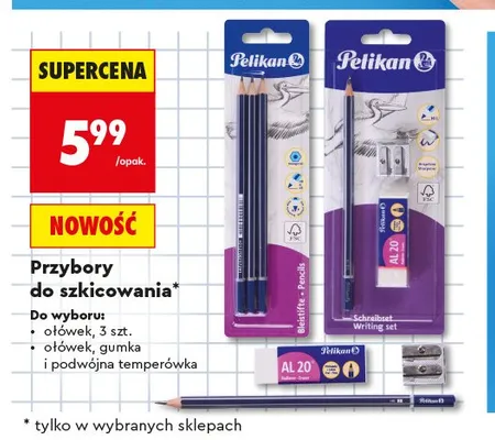 Zestaw do szkicowania Pelikan ołówek gumka i temperówka promocja w Biedronka