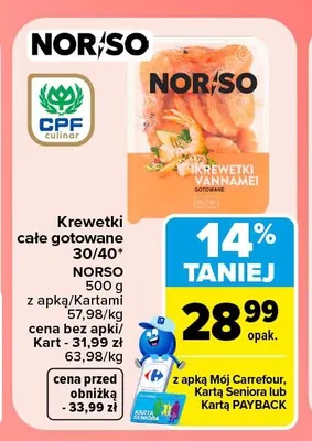 Krewetki całe gotowane Norso promocja w Carrefour Market