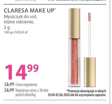 Błyszczyk do ust CLARESA MAKE UP różne odcienie promocja w Hebe