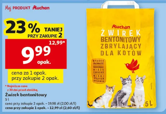 Żwirek bentonitowy zbrylający dla kotów Auchan promocja w Auchan