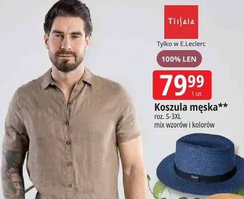 Koszula męska Tissaia 100% LEN roz. S-3XL mix wzorów i kolorów promocja w Leclerc