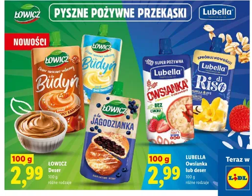Deser owocowo-mleczny à la Budyń smak śmietankowy Łowicz promocja w Lidl