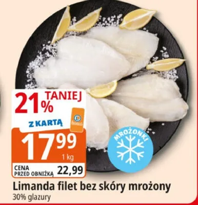 Limanda filet bez skóry mrożony 30% glazury promocja w Leclerc