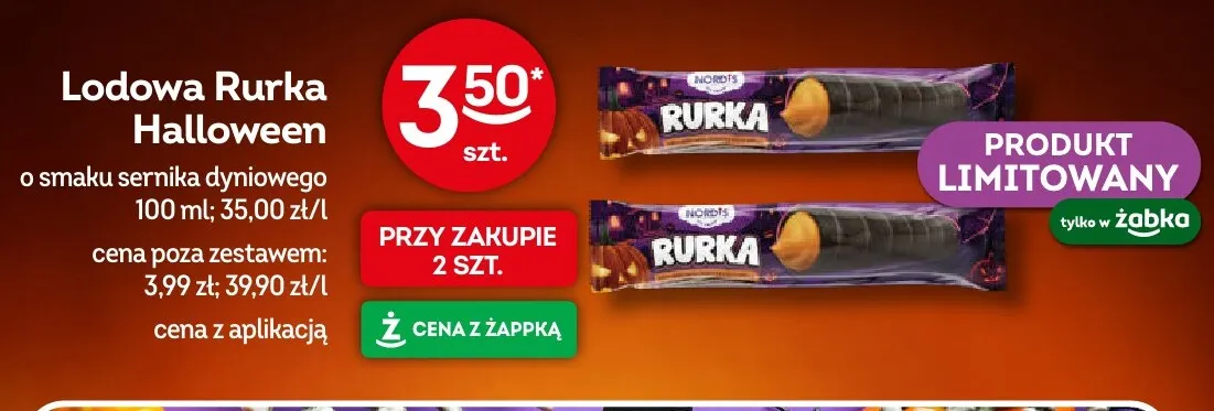 Lodowa rurka Halloween o smaku sernika dyniowego Nordis promocja w Żabka
