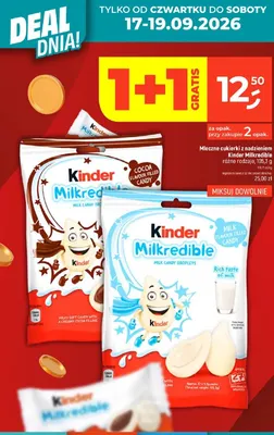 Cukierki mleczne z nadzieniem kakaowym Kinder Milkredible promocja w Dealz