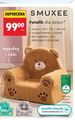 Fotelik dla dzieci miś 40x55x40cm wypełnienie z pianki Smukee promocja w Biedronka
