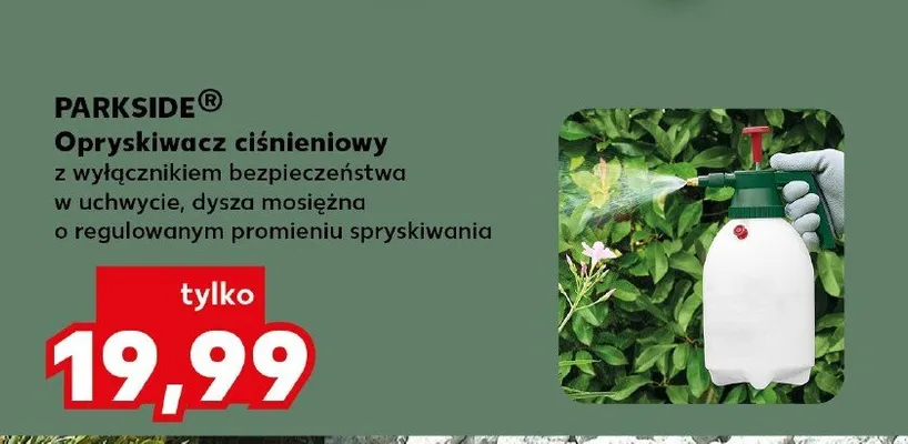 Opryskiwacz ciśnieniowy Parkside® z wyłącznikiem bezpieczeństwa w uchwycie dysza mosiężna o regulowanym promieniu spryskiwania 2l promocja w Kaufland