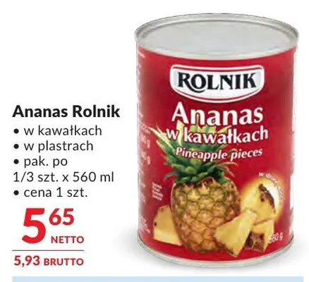 Ananas Rolnik w kawałkach w plastach promocja w Makro