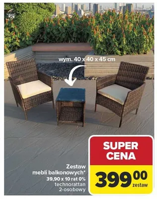 Zestaw mebli balkonowych technorattan 2-osobowy wym. 40x40x45cm promocja w Carrefour