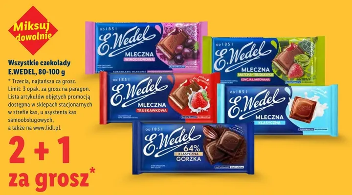 Wszystkie czekolady Wedel 2+1 ZA 1 GROSZ promocja w Lidl