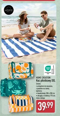 Koc piknikowy XXL Home Creation kwadratowy 200x200cm z uchwytem do noszenia z paskiem na ramię promocja w Aldi