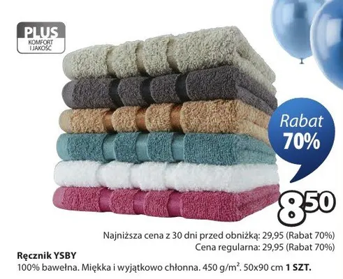 Ręcznik 100% bawełna. Miękka i wyjątkowo chłonna. 450 g/m². 50x90 cm promocja w Jysk