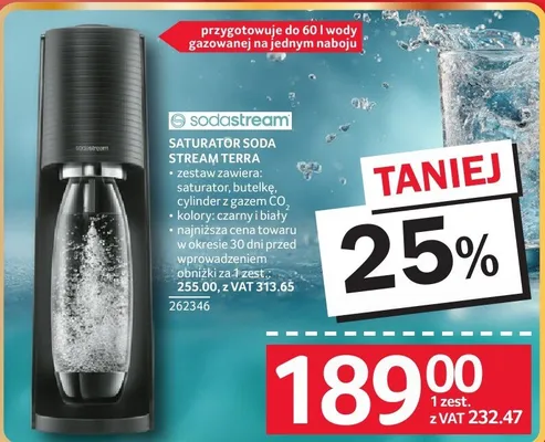 Saturator Soda Stream Terra zestaw zawiera: saturator, butelkę, cylinder z gazem CO2 promocja w Selgros