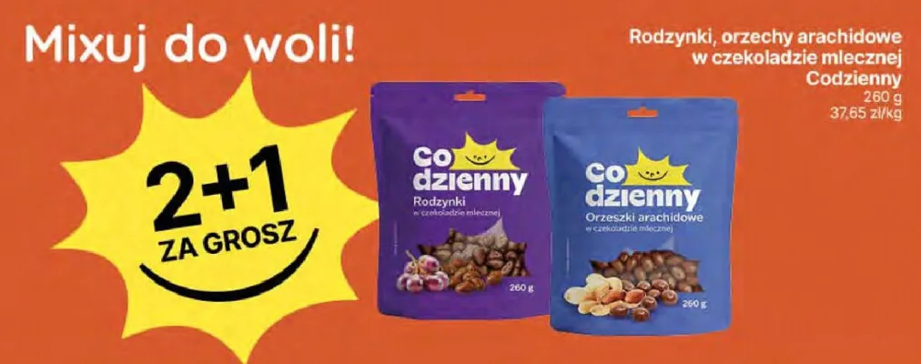 Rodzynki, orzechy arachidowe w czekoladzie mlecznej promocja w Delikatesy Centrum