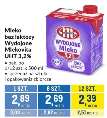 Mleko bez laktozy Wydojone Mlekovita UHT 3,2% promocja w Makro