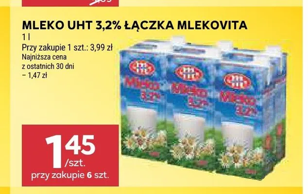 Mleko UHT 3,2% Łączka Mlekovita promocja w Stokrotka