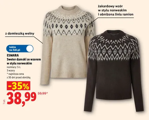 Sweter damski ze wzorem w stylu norweskim Esmara promocja w Lidl