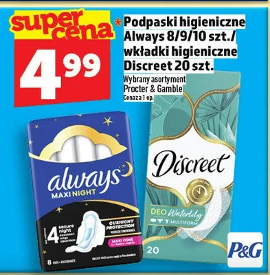 Podpaski higieniczne Always 8/9/10 szt./wkładki higieniczne Discreet 20 szt. promocja w TOPAZ