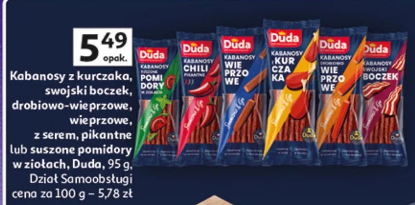 Kabanosy z kurczaka, swojski boczek, drobiowo-wieprzowe, wieprzowe, z serwelatu, pikantne lub suszone pomidory w ziołach dział samoobsługi promocja w Auchan