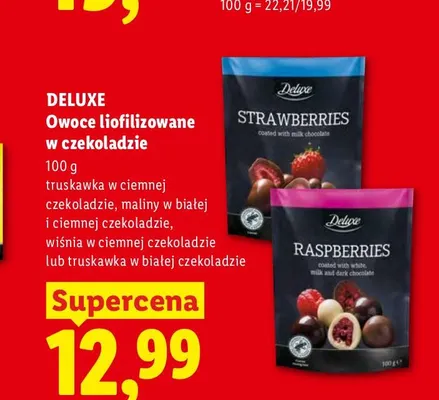 Owoce liofilizowane w czekoladzie truskawka w białej czekoladzie Deluxe promocja w Lidl