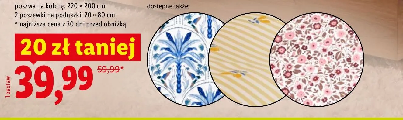 Komplet pościeli poszwa 220x200 cm 2 poszewki 70x80 cm wzór w niebieskie liście promocja w Lidl