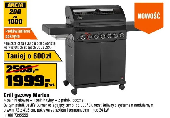 Grill gazowy Marlon 4 palniki główne + 1 palnik tylny + 2 palniki boczne (w tym palnik Devil's Burner osiągający temp. do 800°C), ruszt żeliwny z systemem modularnym o wym. 72x41,5cm, pokrywa ze szkłem i termometrem, moc 24kW nr OBI 7395999 promocja w OBI
