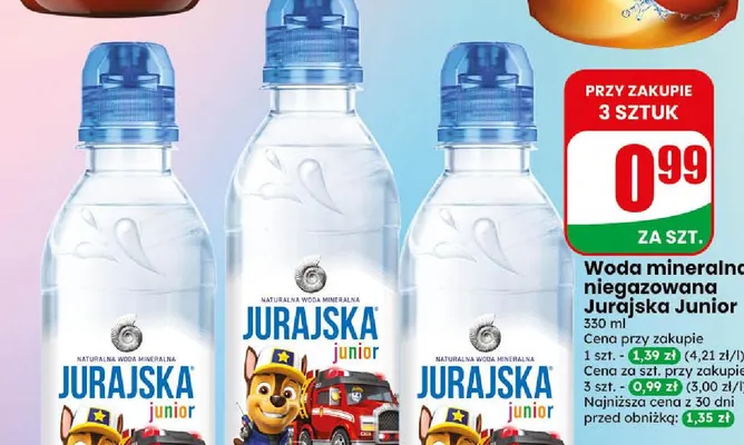 Woda mineralna niegazowana Jurajska Junior promocja w Dino