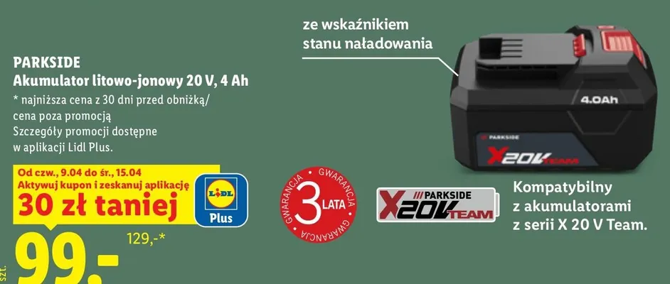 Akumulator litowo-jonowy 20V, 4Ah promocja w Lidl