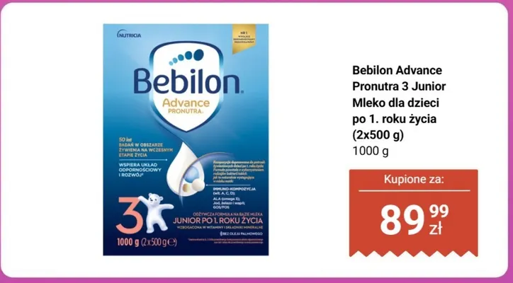 Mleko dla dzieci Bebilon Advance Pronutra 3 Junior po 1. roku życia 2-pak 500 g promocja w Biedronka