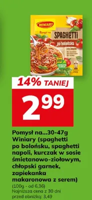 Pomidory 30-47g Winiary (spaghetti po bolońsku, spaghetti napoli, kurczak w sosie pomidorowo-ziołowym, chłopski garnek, makaron carbonara, makaronowa z serem) promocja w Hitpol