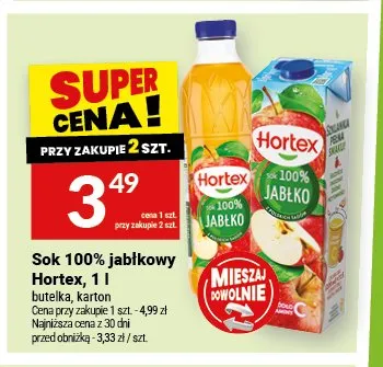 Sok 100% jabłkowy Hortex karton promocja w Twój Market