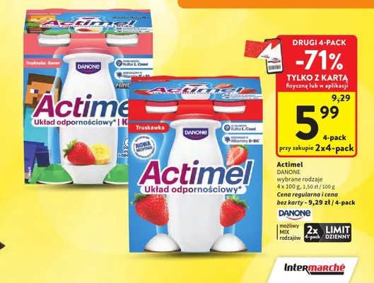 Napój probiotyczny Actimel truskawka Danone 4-pak promocja w Intermarche