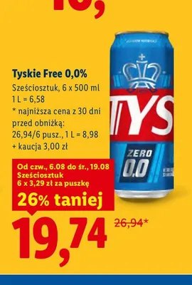 Piwo bezalkoholowe Tyskie Free 6-pak promocja w Lidl