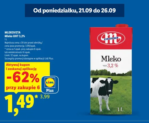 Mleko UHT Mlekovita 3,2% promocja w Lidl